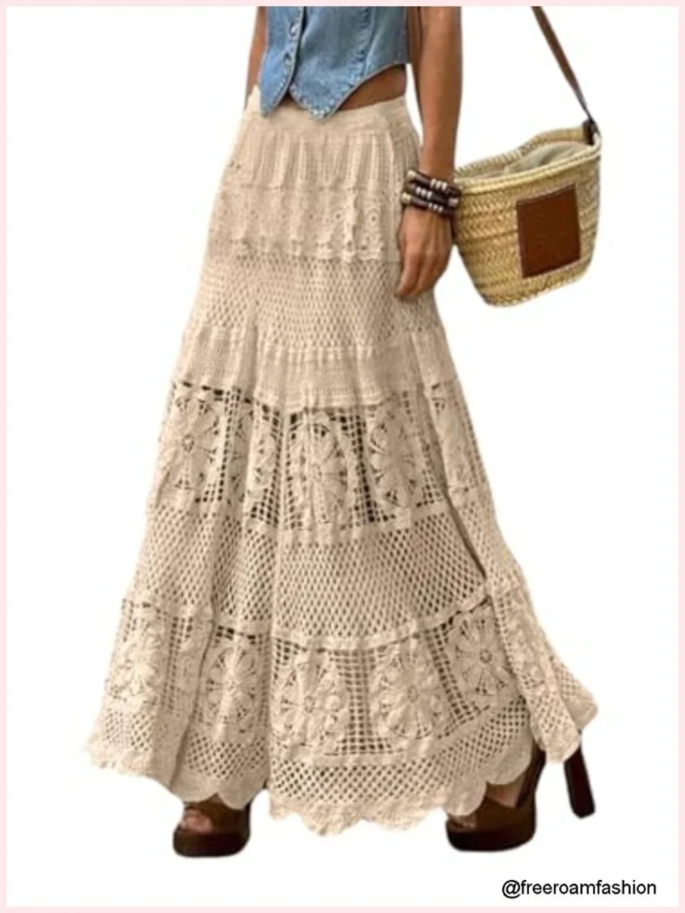 Women's Boho Maxi Skirt Floral Lace Crochet Knit A-Line Flowy